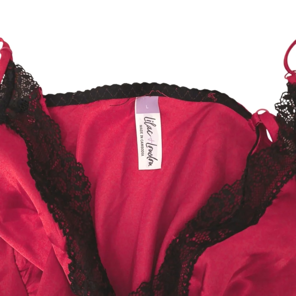 Lilac+London Satin Pajama Cami Set Size L Red Black Lace‎ Top & Shorts Romantic